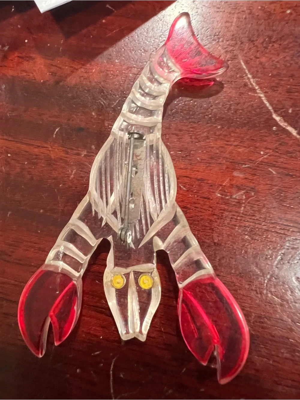 Vintage Clear and Red Carved Lucite Lobster/Crawfish Brooch 3 1/2